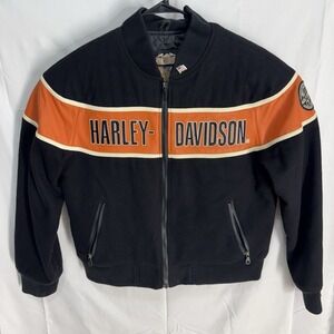 Harley Davidson Men's Large Wool Leather Jacket Black Orange Jacket USA Vintage